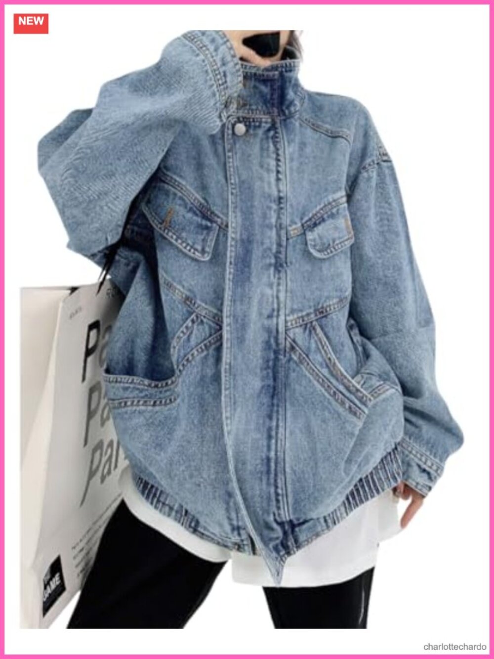 Oversized Stand Collar Zip Up Distressed Frayed Denim Jacket Y2K Trucker Coat